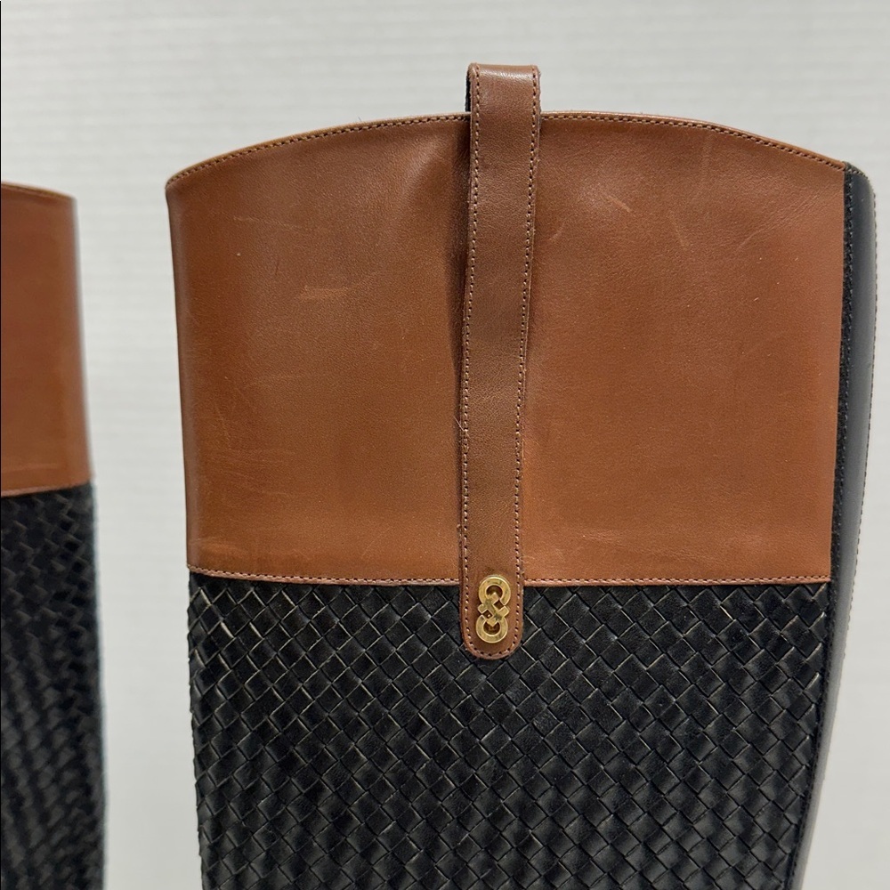 Cole Haan Brennan Riding Boots Tall Side Zip Braided Leather Black Brown Size 8 - Picture 2 of 9